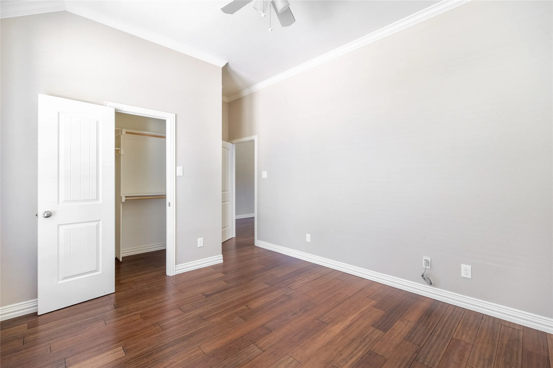 Spacious bedroom with rich wood-finish flooring, generous closet with built-in shelving and hanging rods, white six-panel entry door, and neutral wall finishes throughout