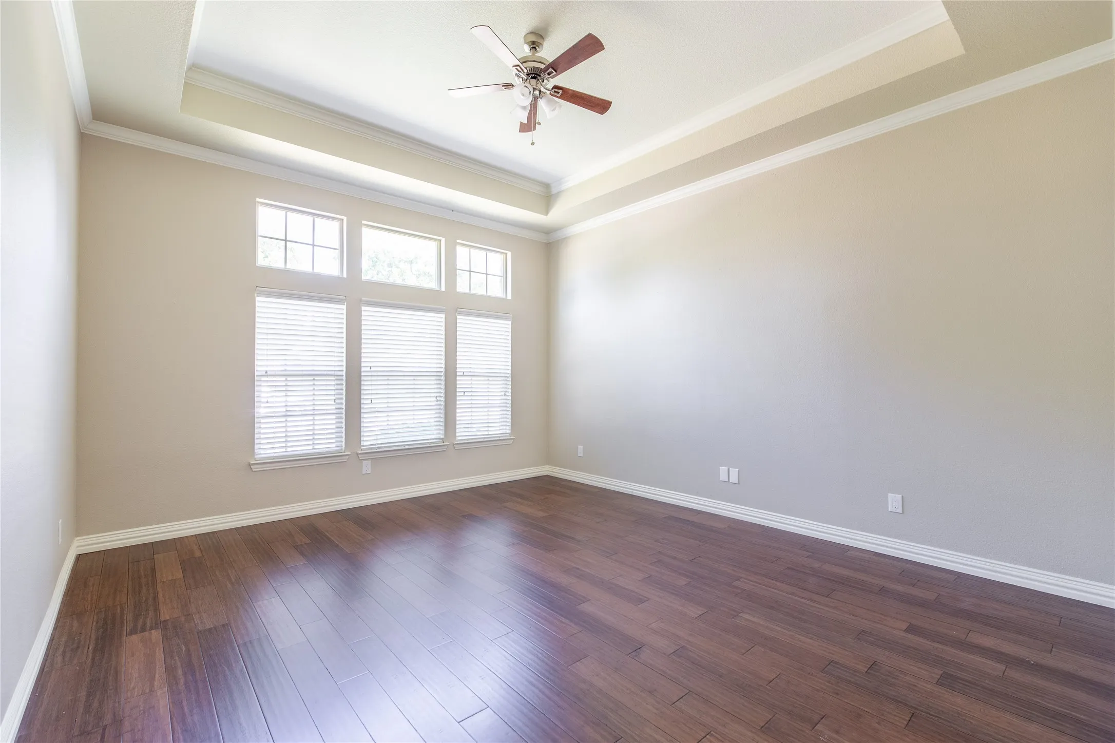 Tray ceiling with crown molding, wood-finish flooring, ceiling fan, and large windows with blinds