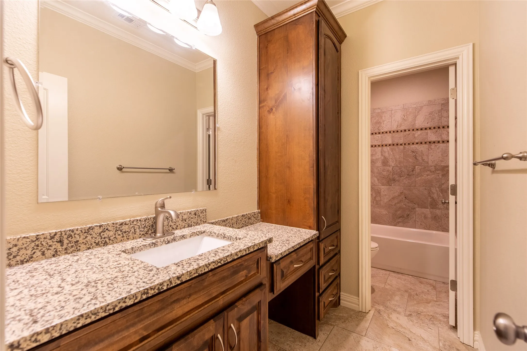 Granite countertop vanity with integrated sink, wood-finish cabinetry, and built-in storage tower