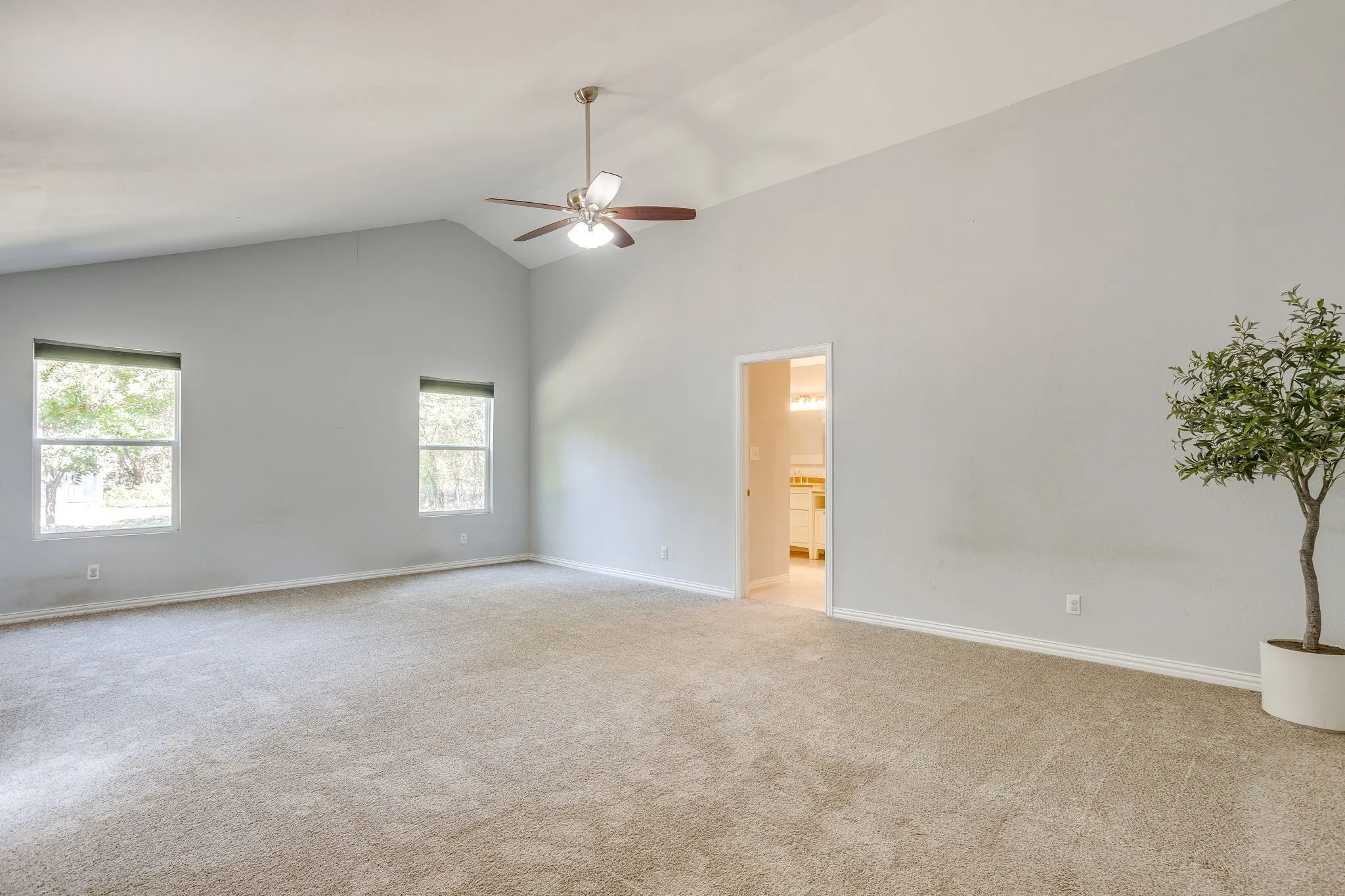 Vaulted ceiling, ceiling fan, two windows, wall-to-wall carpeting, and bright interior paint