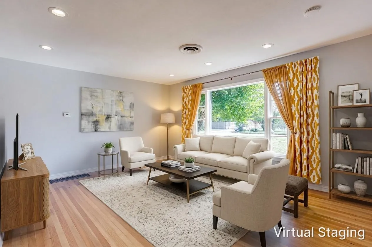 Recessed lighting, light wood-finish flooring, a large window, and a built-in shelving unit