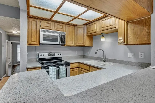 Kitchen featuring light-tone wood cabinetry, solid-surface countertops, dual-basin sink with pull-down faucet, integrated overhead grid lighting, and stainless steel microwave and range appliances