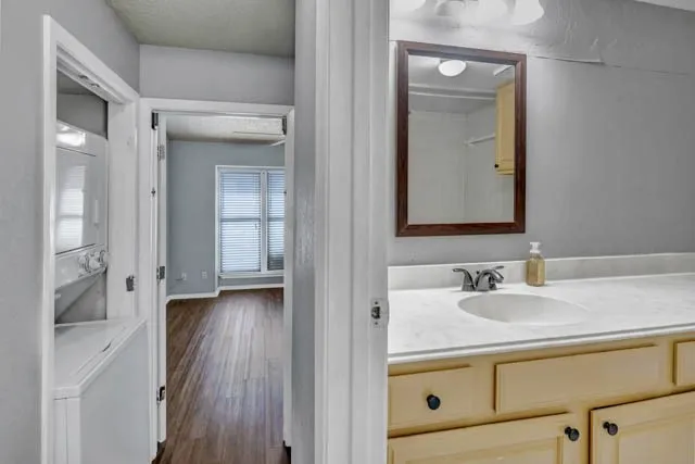 Bathroom featuring a vanity with light-tone cabinetry and an integrated countertop with an oval basin, paired with a wall-mounted rectangular mirror