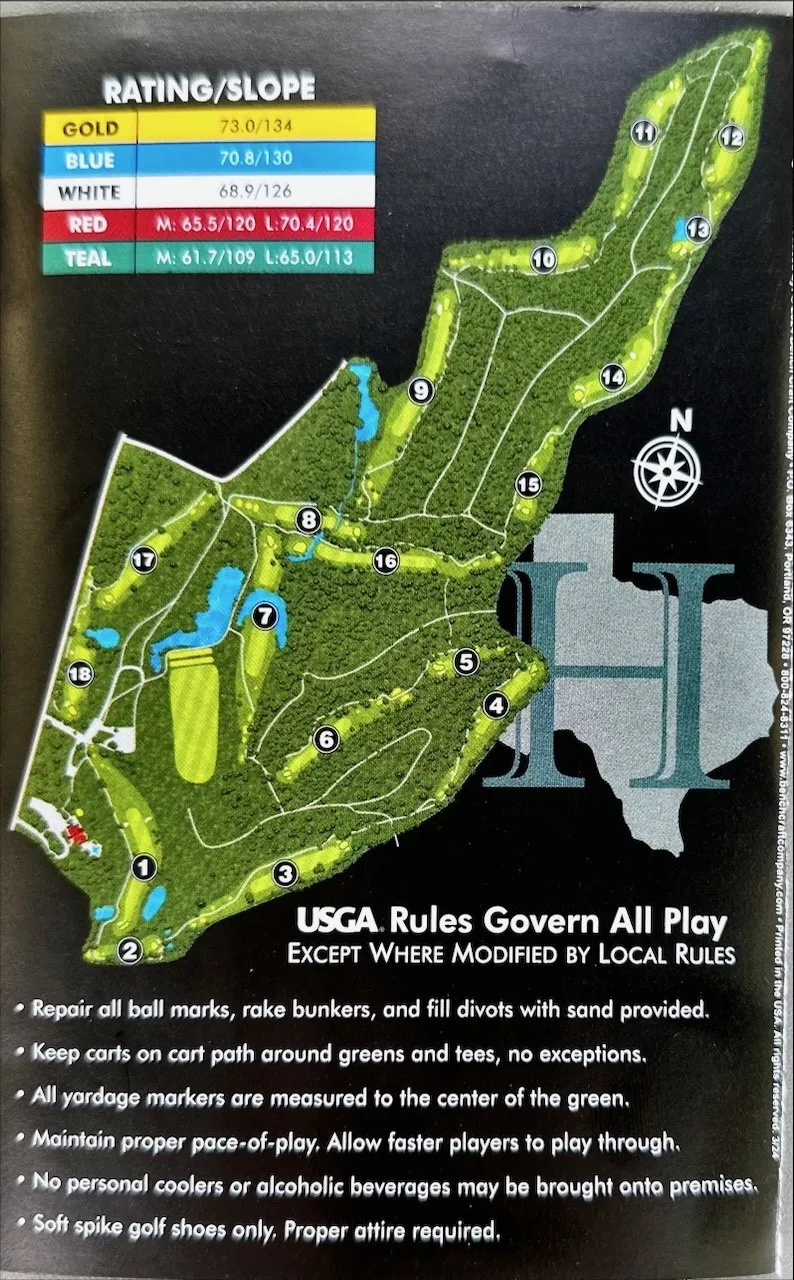 Golf Course Map. Displaying the layout of the property, including hole numbers, water features, and slope ratings, alongside operational guidelines