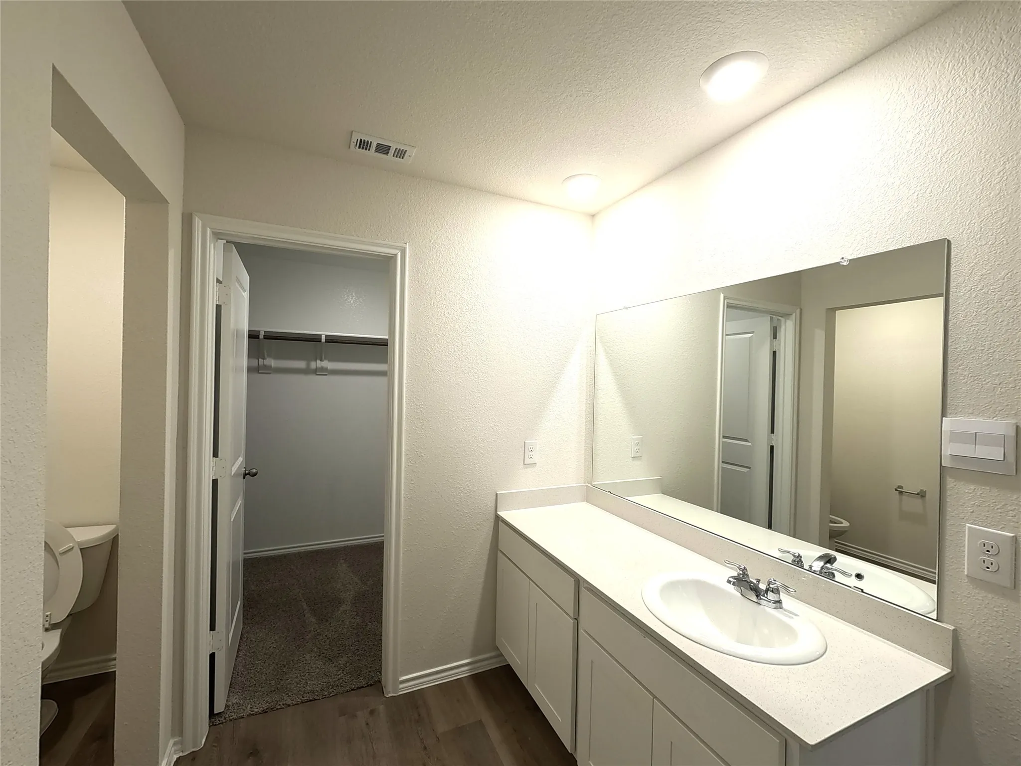 Double vanity with an integrated sink and spacious counter, large wall-mounted mirror, and wood-finish flooring