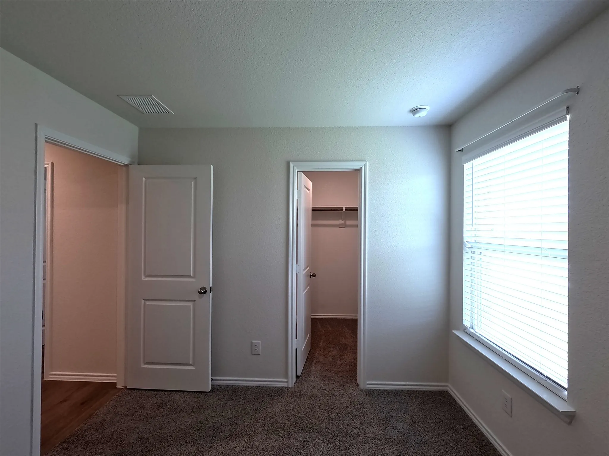 Plush carpeted flooring, ample natural light from a large window, white interior doors, and a built-in closet with shelving