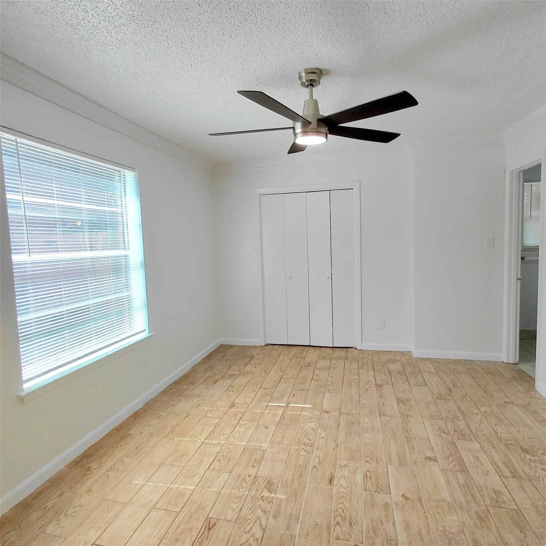 Wood-finish flooring, bright white walls, modern ceiling fan with lighting, ample natural light from a window, and a bi-fold closet