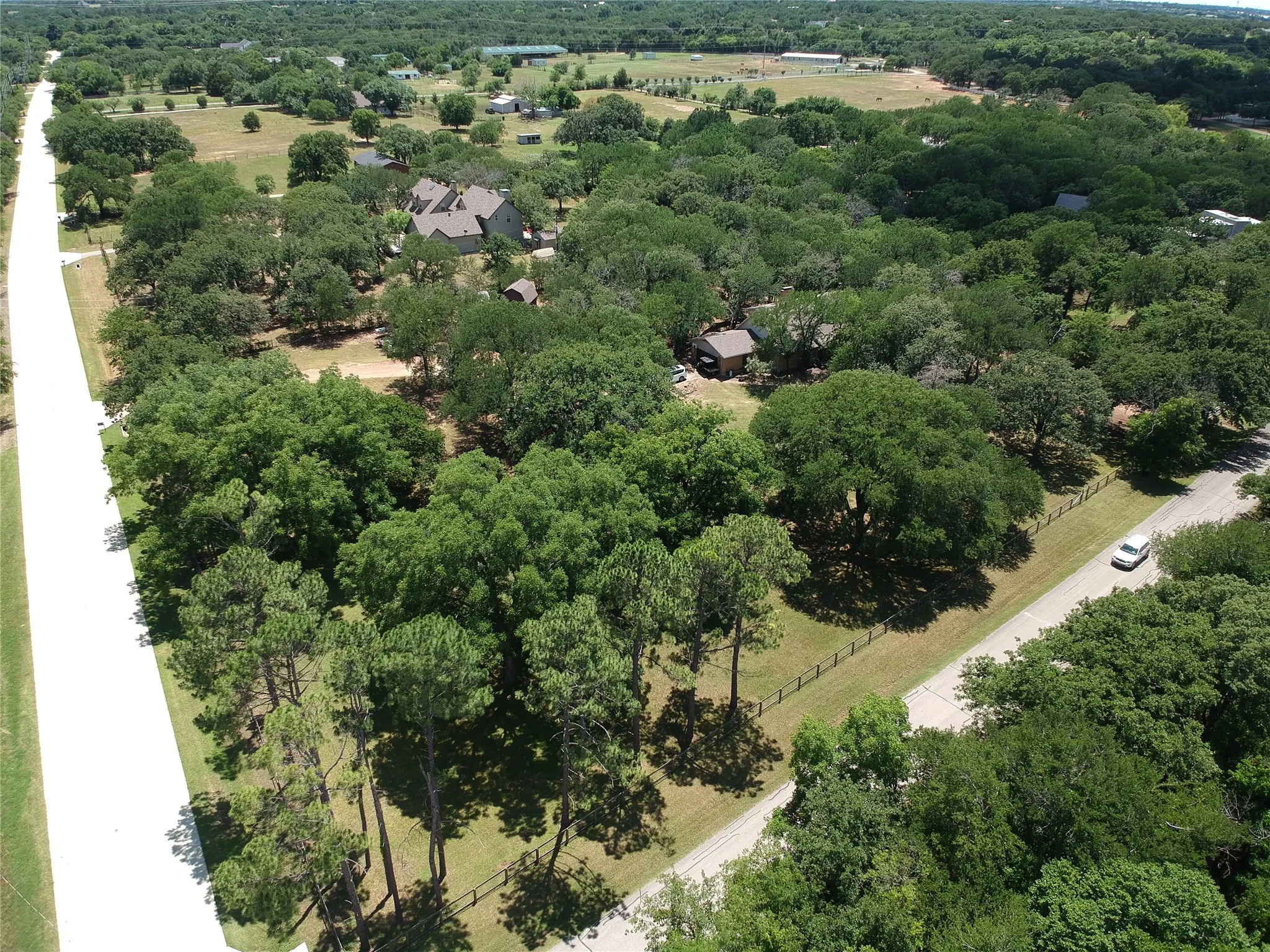 Expansive property featuring a paved road, dense mature trees, open grassy areas, and a visible residence with a multi-gabled roof