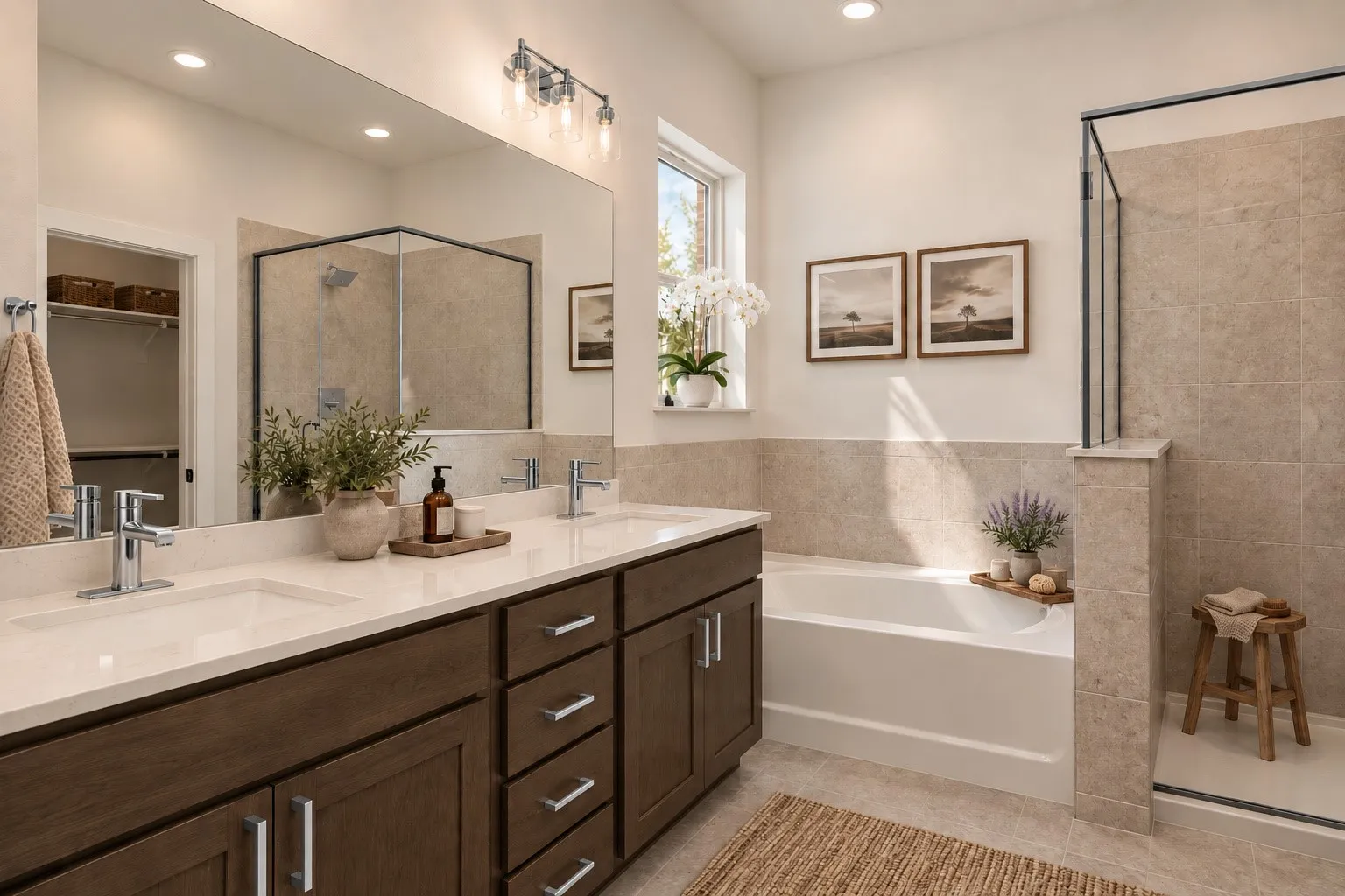 Dual vanity with white countertops, undermount sinks, and chrome faucets