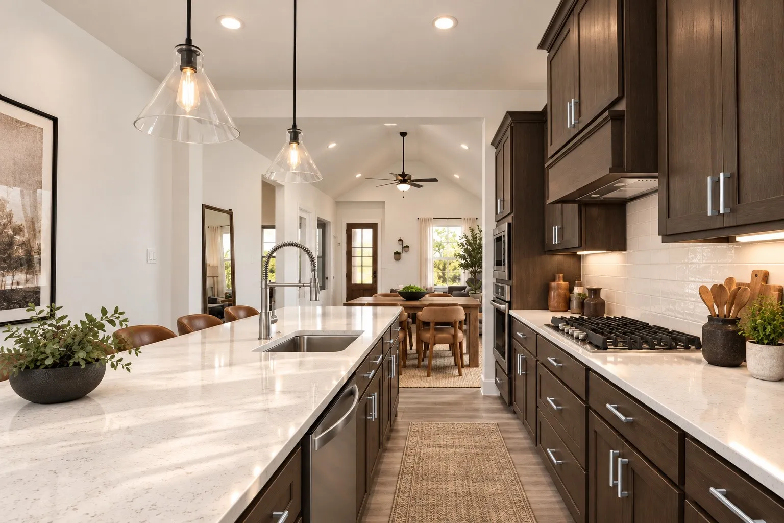 Spacious kitchen featuring an elongated island with integrated sink, dark wood-finish cabinetry, light-toned countertops, a gas range, and a tile backsplash