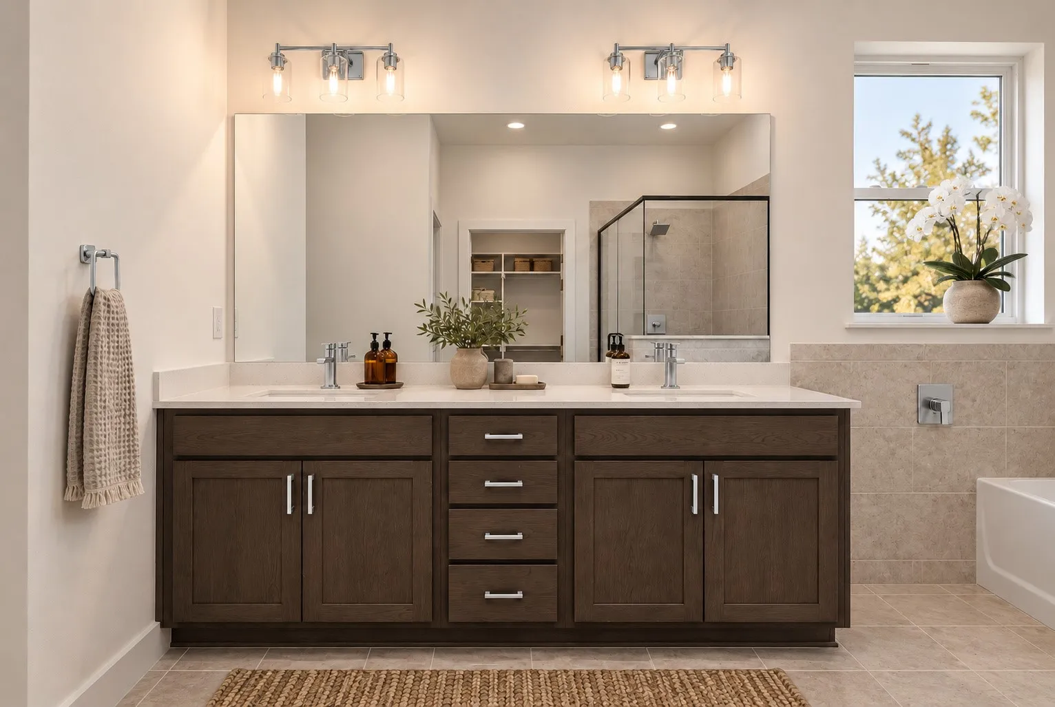 Dual vanity with wood-finish cabinetry, white countertop, and chrome fixtures