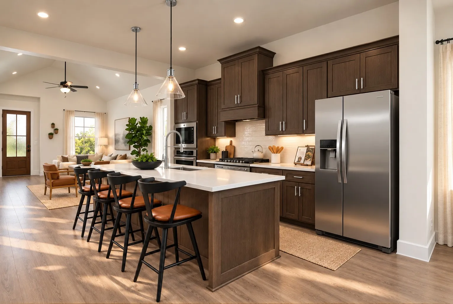 Spacious kitchen with a large central island, stainless steel appliances, dark wood cabinetry, and wood-finish flooring