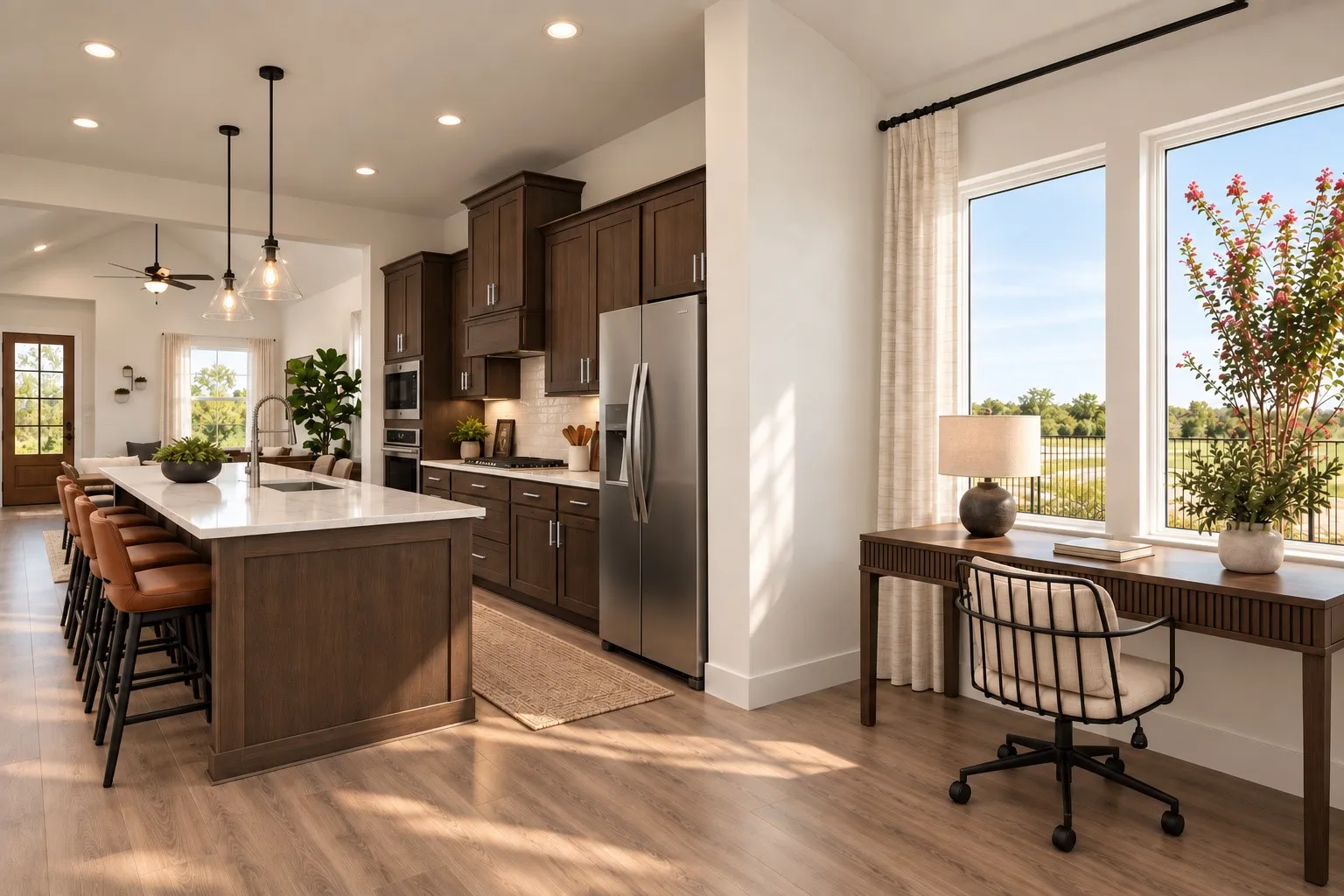 Open-concept kitchen with a large island, wood-finish flooring, stainless steel appliances, and abundant natural light from multiple windows