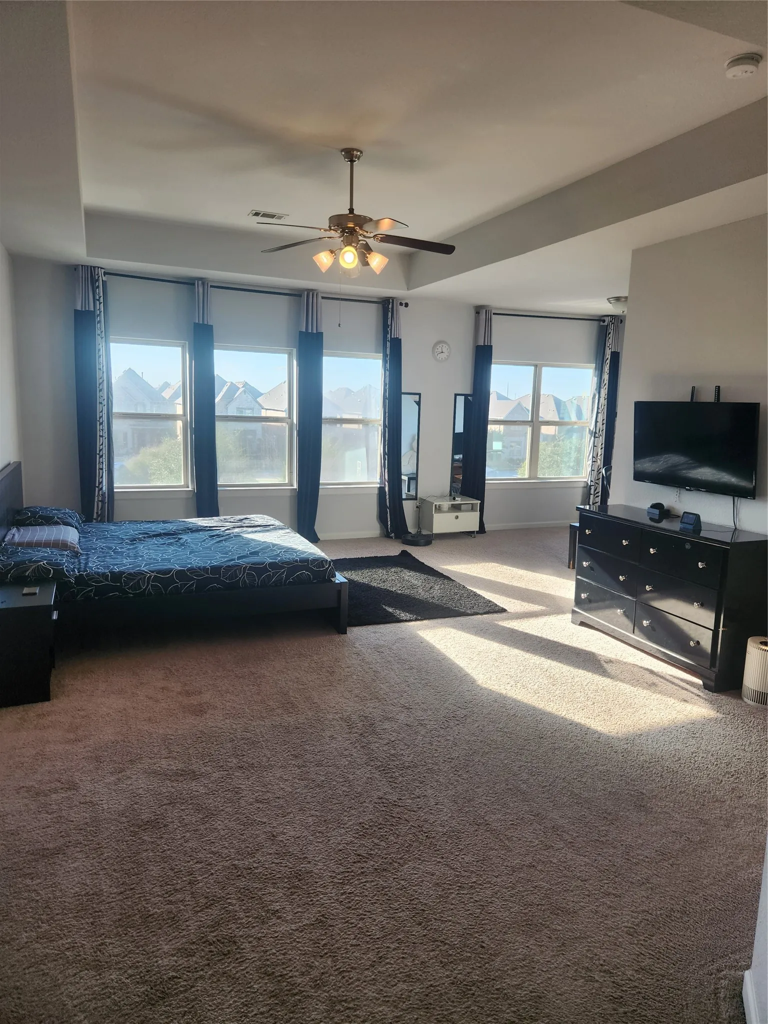 Expansive room with tray ceiling, multiple windows, and plush carpet flooring