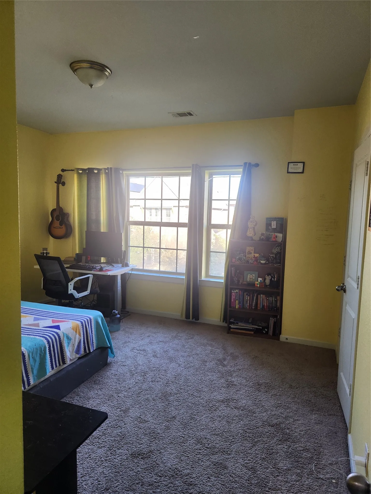 Wall-to-wall carpeting, dual windows, and ceiling-mounted light fixture