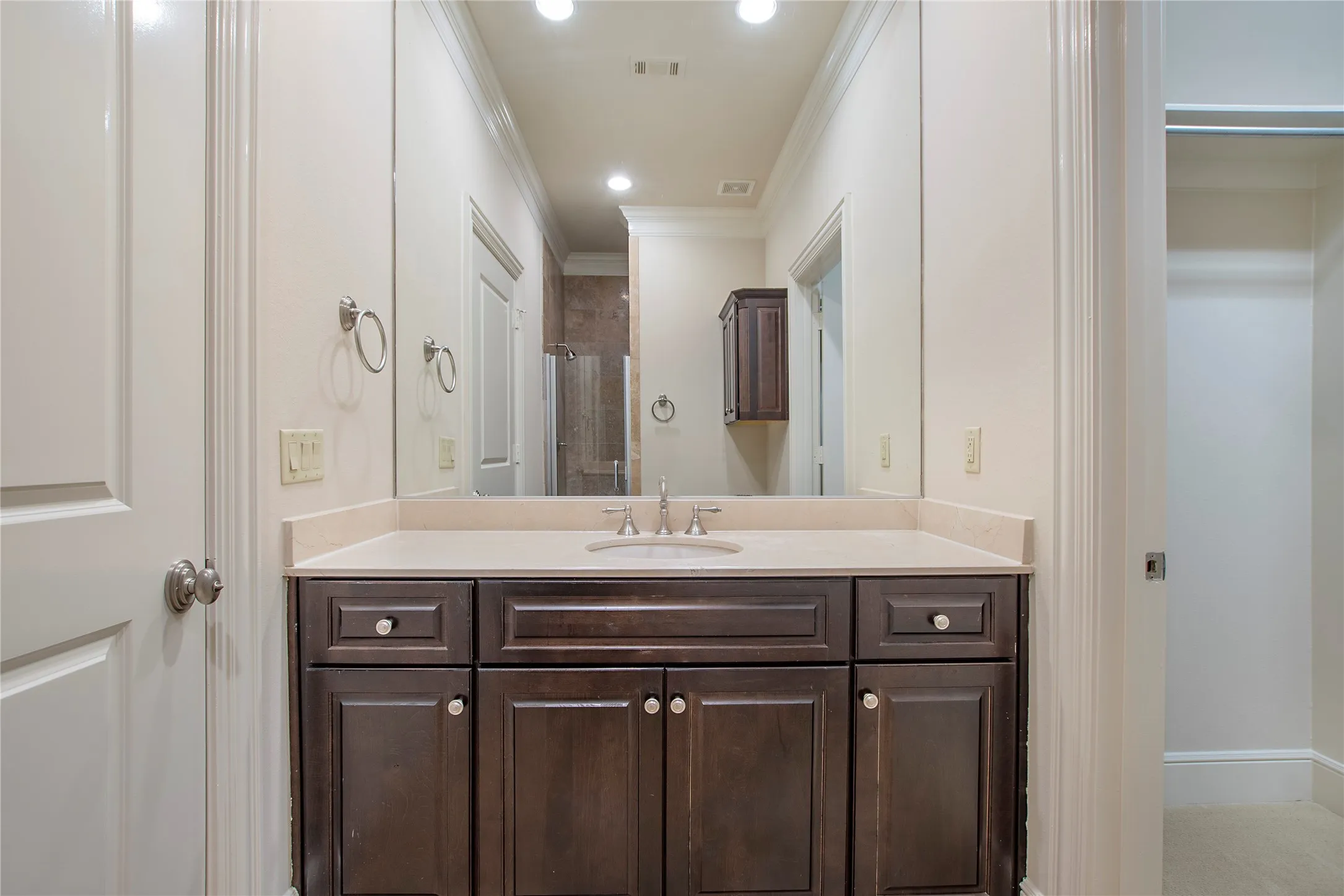 Bathroom featuring vanity, crown molding, and a shower with shower door