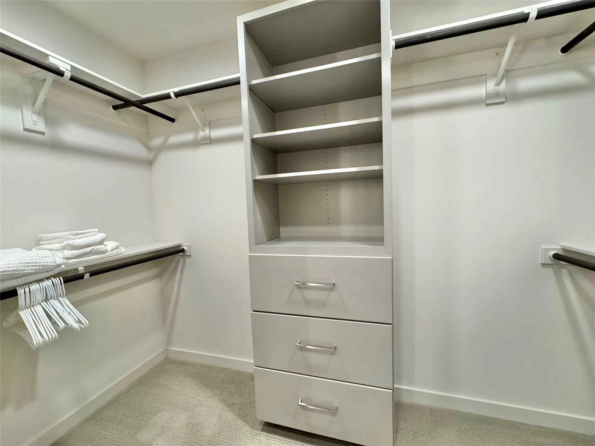 Spacious closet with light carpet