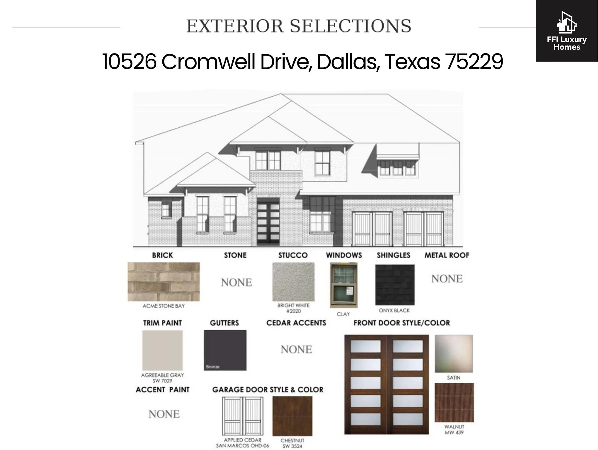 Exterior Selections Document. Displaying material and color choices for the property's exterior elements