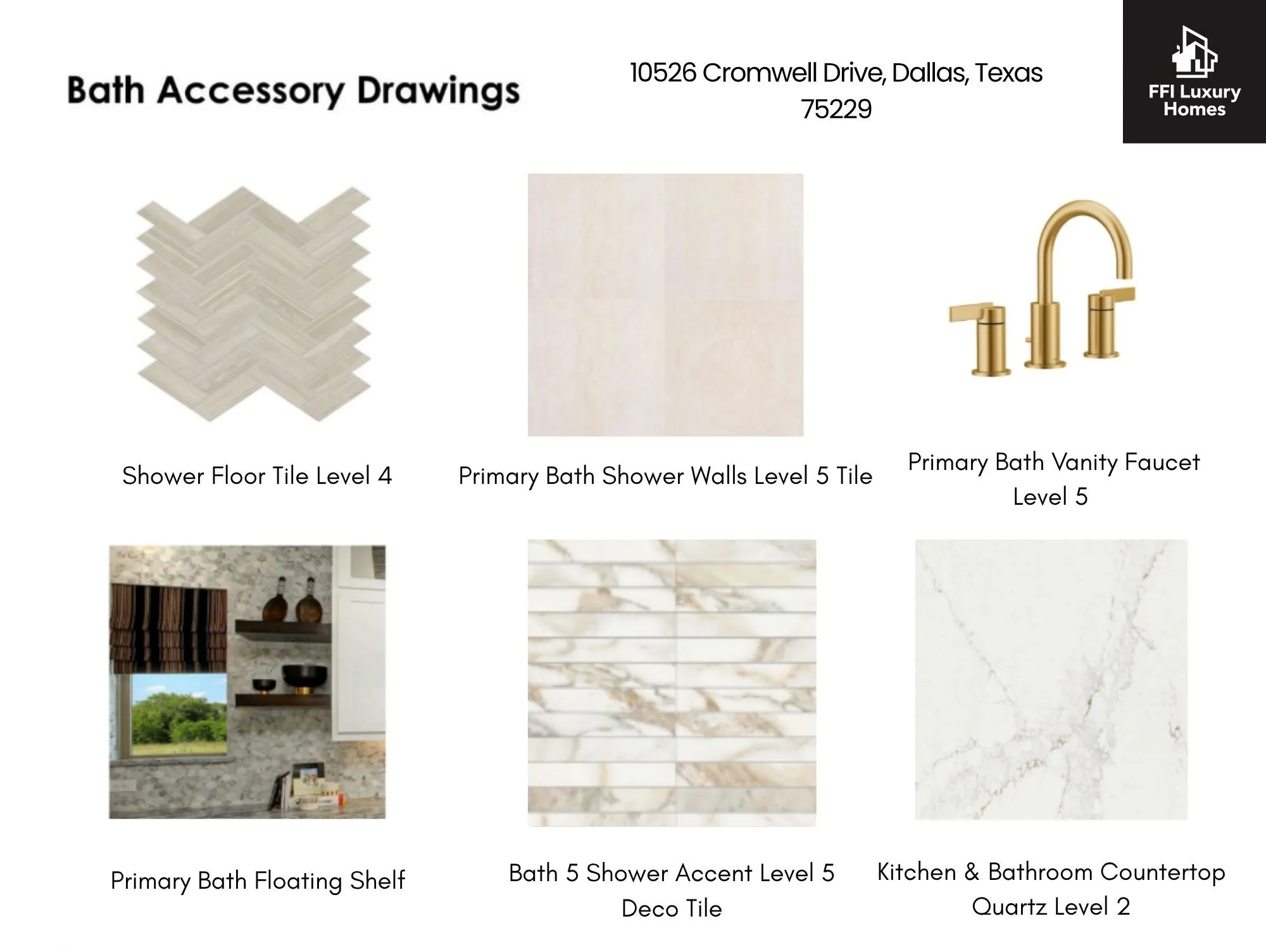 Bath Accessory Drawings. Displaying material and fixture selections for the property located at 10526 Cromwell Drive, Dallas, Texas 75229