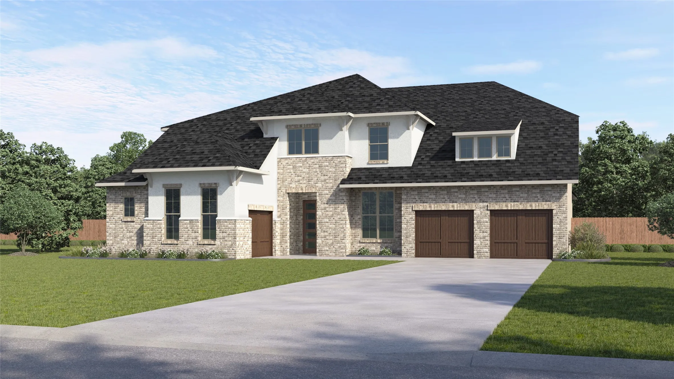 Two-story exterior with a mixed material facade, an attached three-car garage, and an asphalt shingle roof
