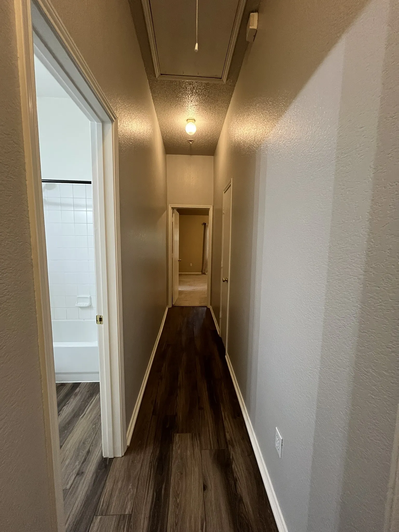 Hallway with wood-finish flooring, overhead lighting, and painted walls