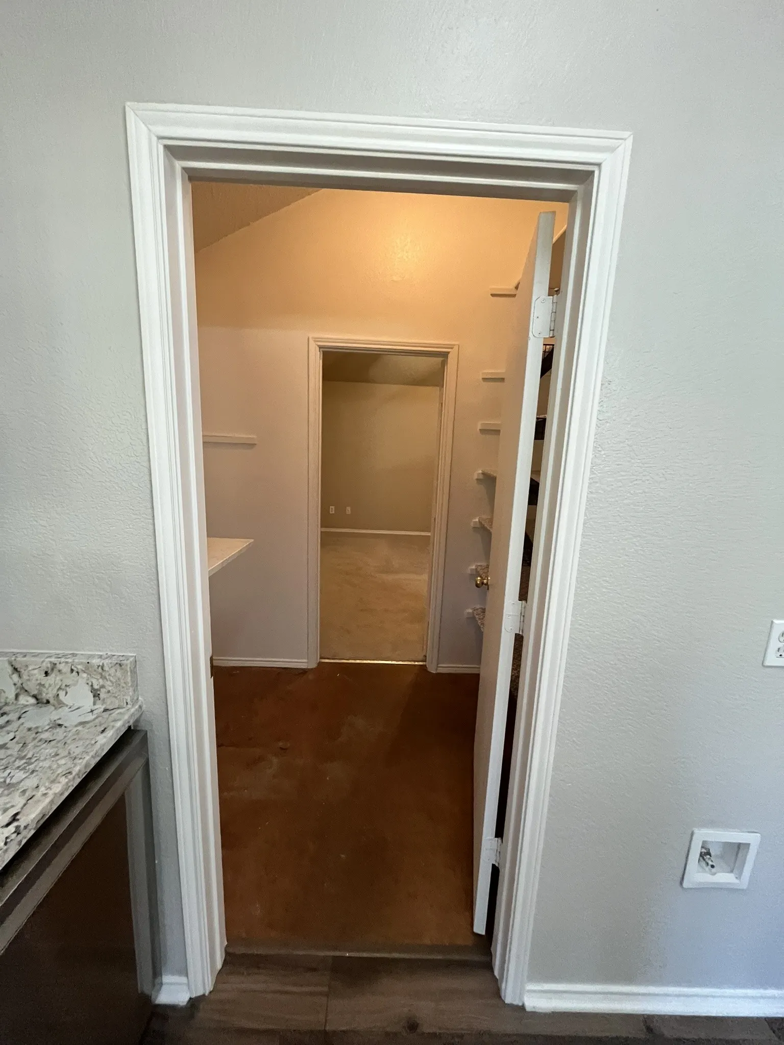 Entryway with wood-finish flooring, white trim, and a granite-look countertop