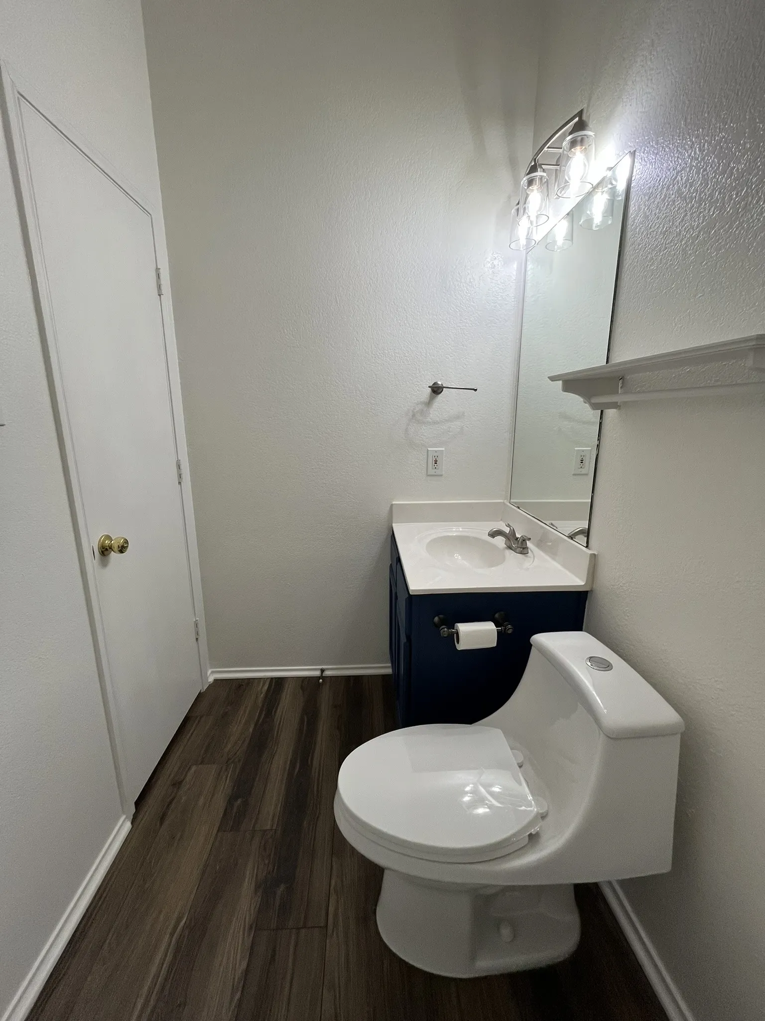 Wood-finish flooring with a white toilet, a blue vanity, a circular undermount sink, and a framed mirror with a mounted vanity light