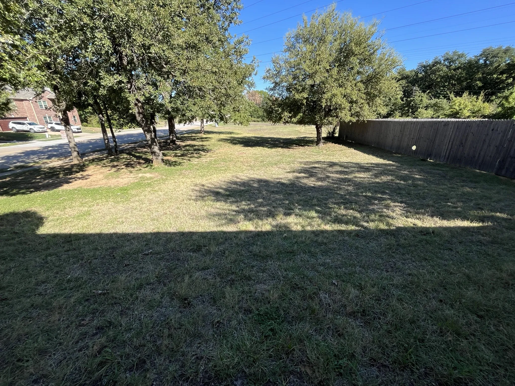 Fenced rear yard with established trees and green space