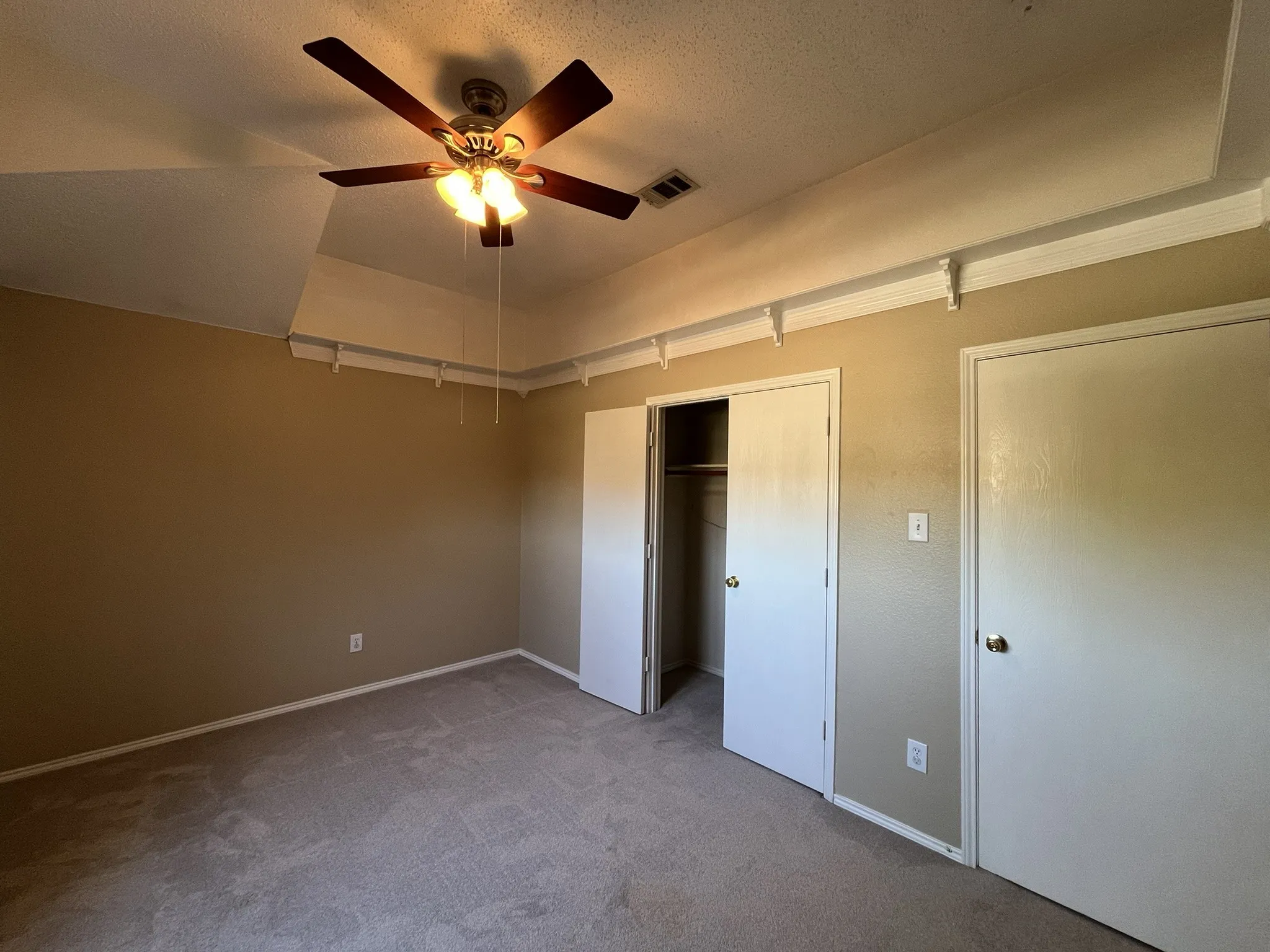 Tray ceiling with crown molding, ceiling fan with integrated lighting, carpeted flooring, and a double-door closet