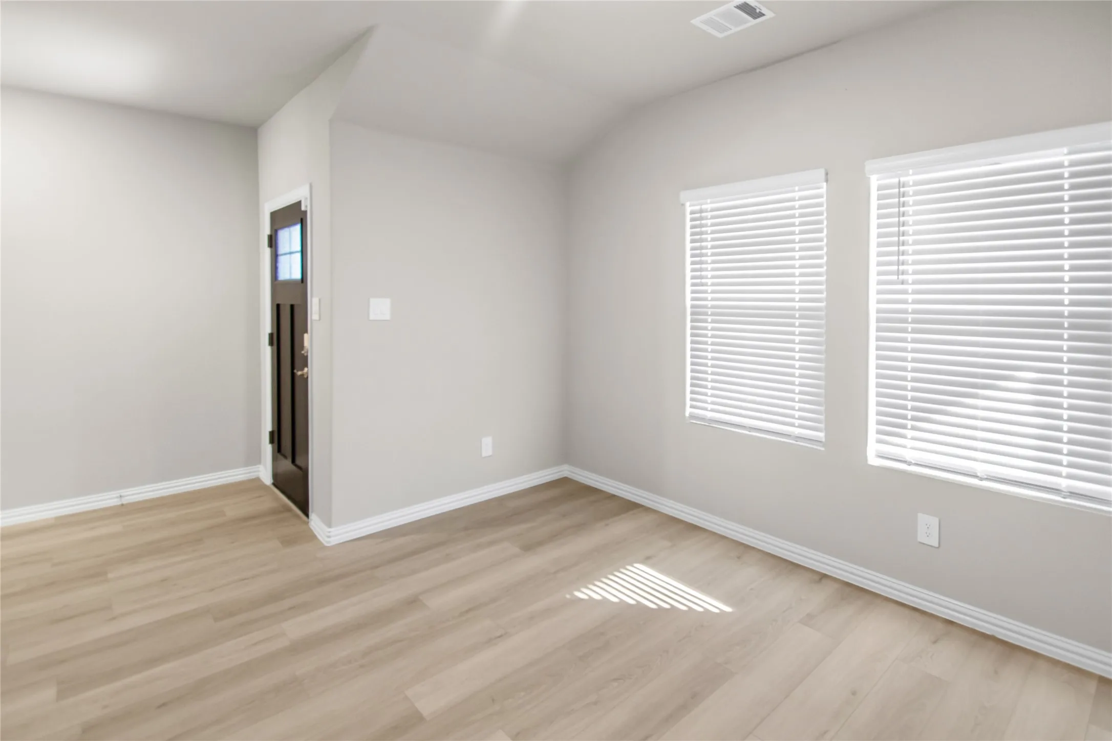Interior room featuring wood-finish flooring, neutral wall paint, two windows with white horizontal blinds, and a dark-toned exterior door with an inset glass panel