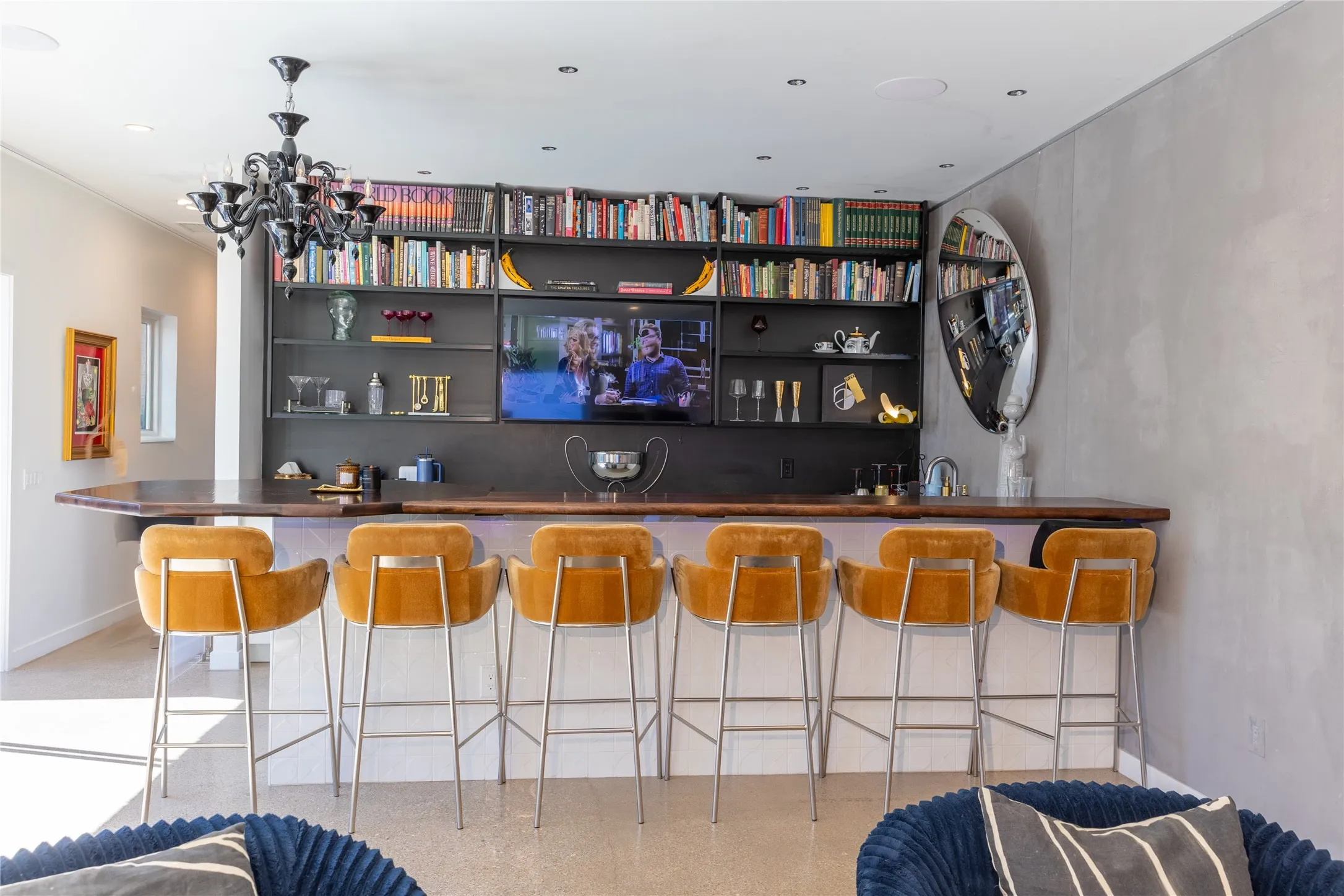 Custom-made oak bar top milled by Studio 214.  A perfect gathering spot for entertaining.