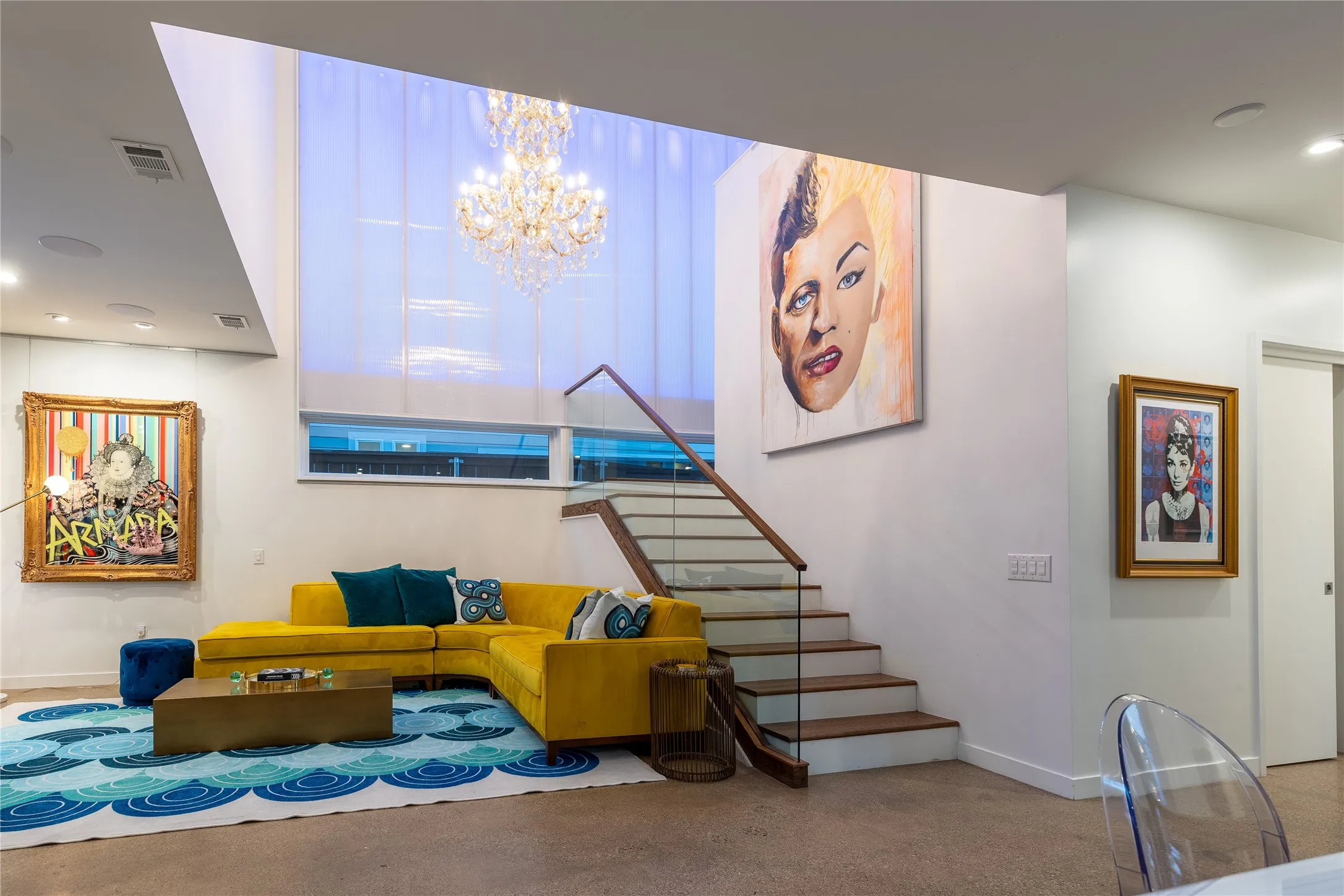 Enter into a living room with museum-style, smooth-finished walls, perfect for displaying art.