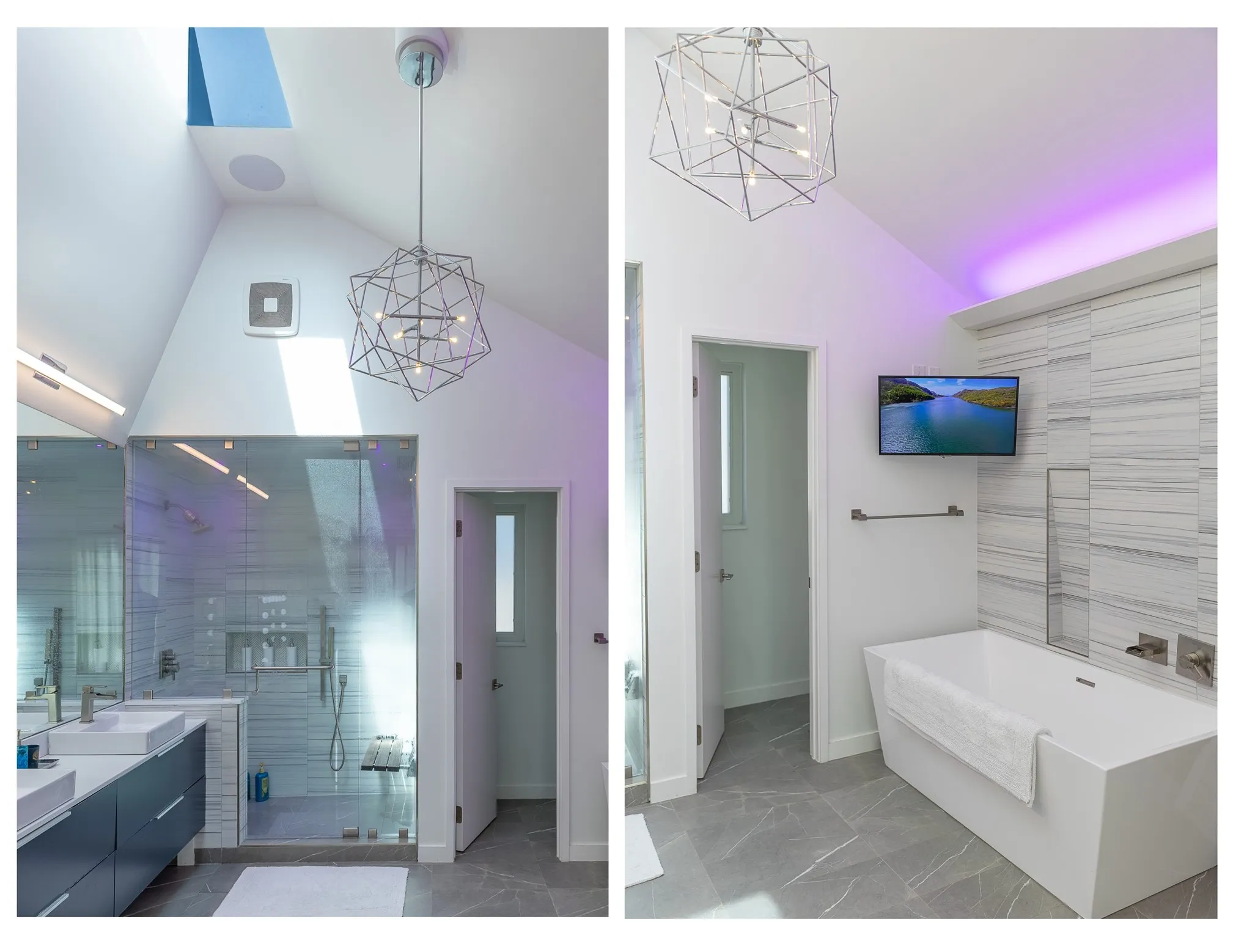 Primary bath with soaring ceiling, designer soaking tub, walk-in shower, and custom-finished walk-in closet.