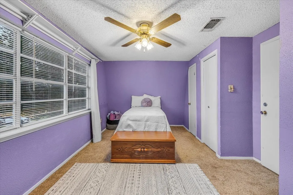 Room featuring wall-to-wall carpeting, large windows with horizontal blinds, and a ceiling-mounted light fixture with a multi-blade fan