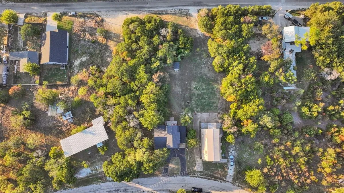 Aerial perspective featuring a large, expansive lot with extensive mature tree canopy and paved driveway access