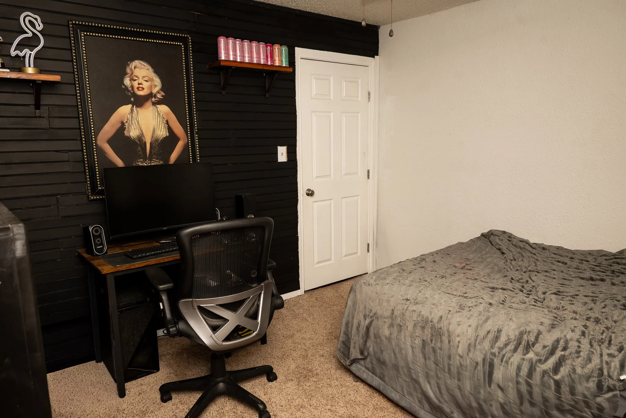 Interior room featuring a black horizontal wood-slat accent wall, two floating wood-finish shelves, a white six-panel interior door, and neutral carpeting