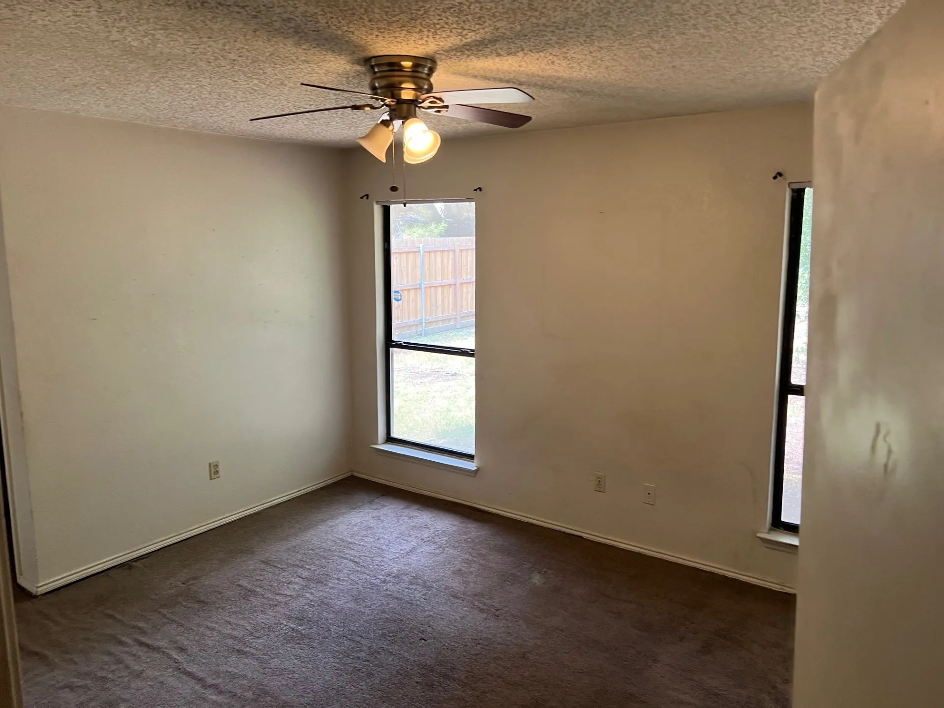 Room featuring a ceiling fan with light fixture, two windows, and wall-to-wall carpeting