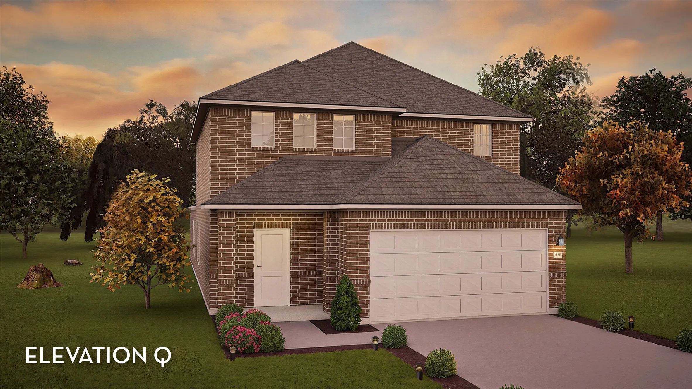Brick veneer exterior with a two-car garage