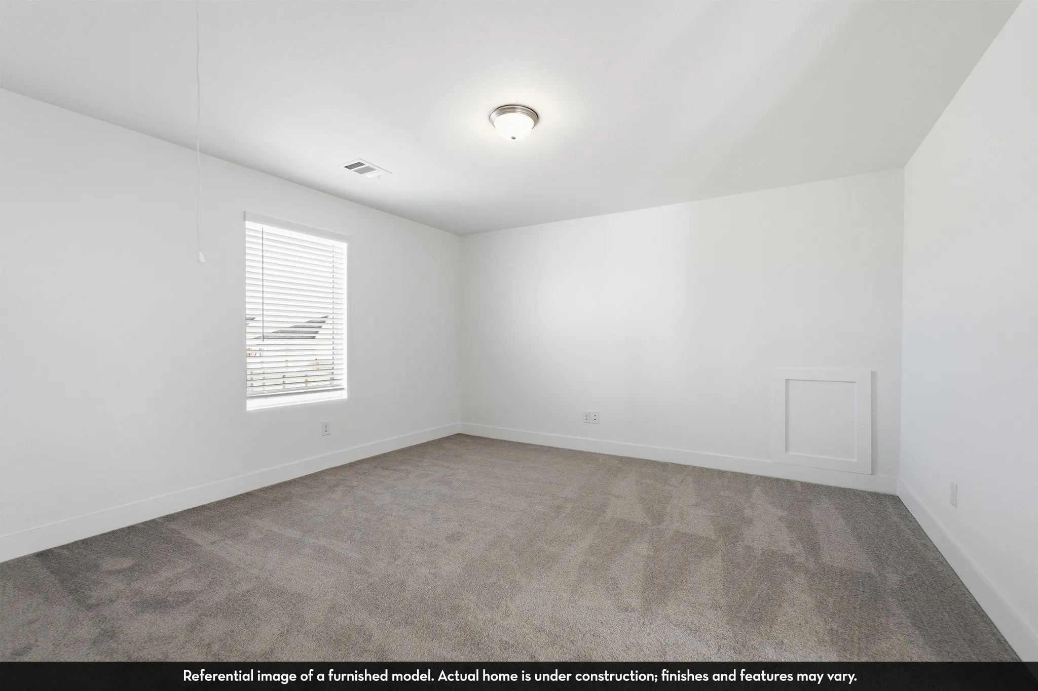 Neutral-toned carpeting, single-pane window with integrated horizontal blinds, flush-mount ceiling light fixture, and inset wall paneling