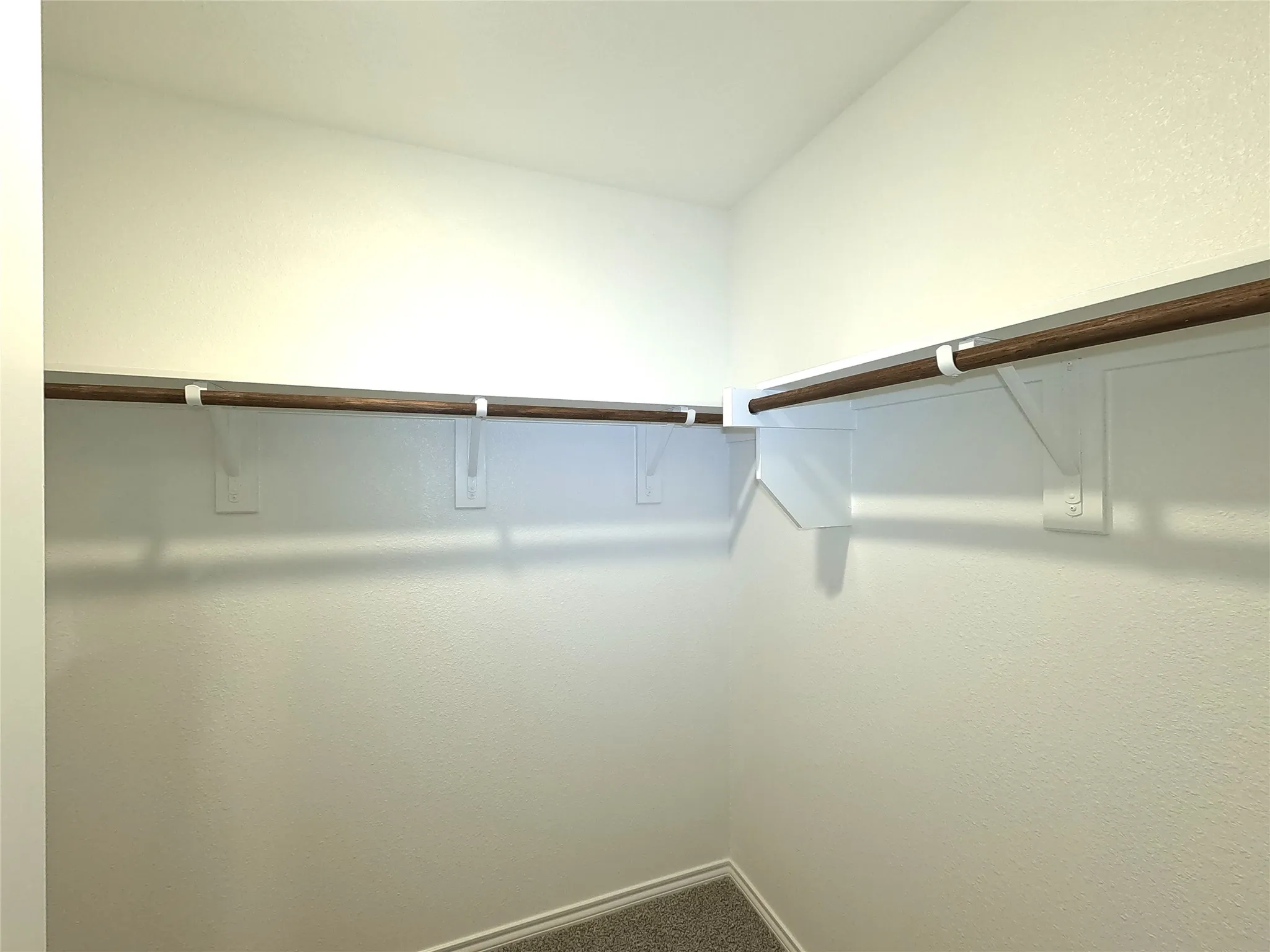 Storage area featuring wrap-around wooden garment rods, white painted shelving, and neutral carpeting