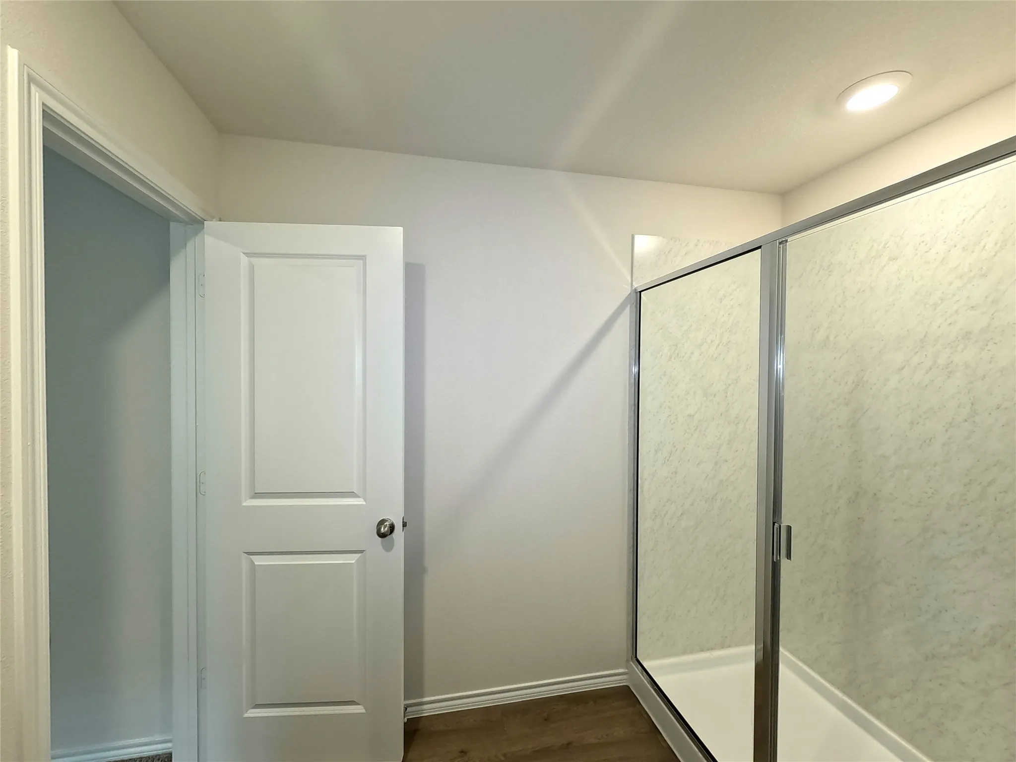 Shower enclosure featuring a chrome frame and surround, integrated recessed ceiling lighting, and wood-finish flooring