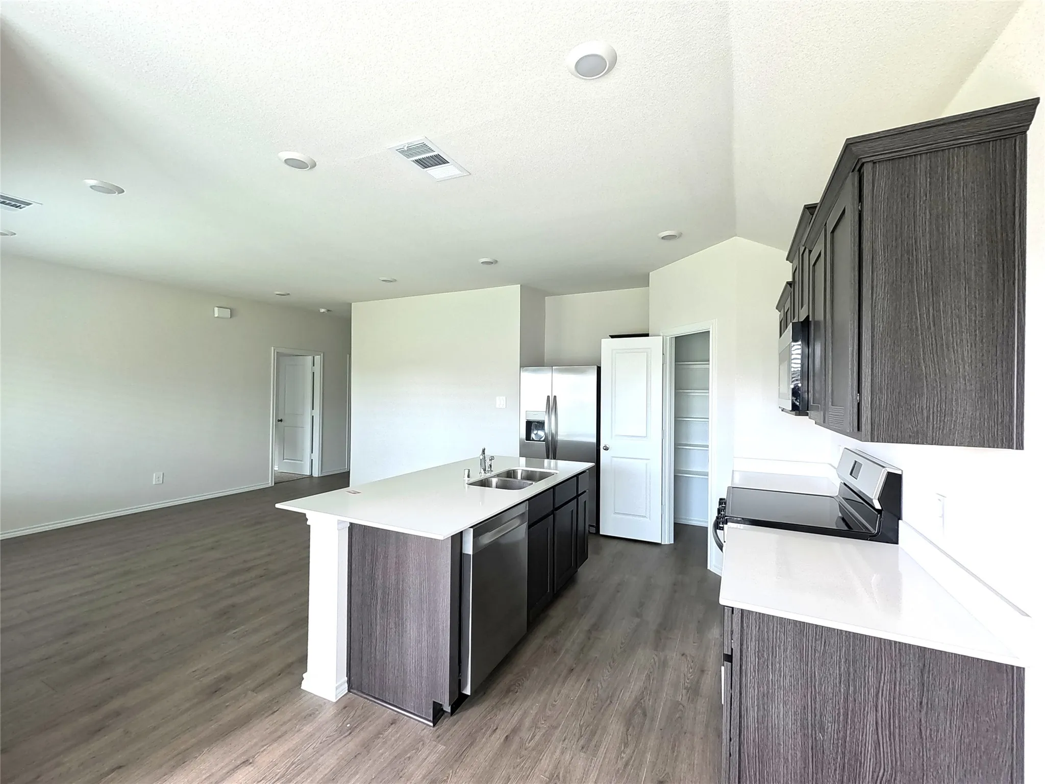 Kitchen featuring dark-finish cabinetry, quartz countertops, central island with an integrated stainless steel dual-basin sink, stainless steel appliances, and wood-finish flooring