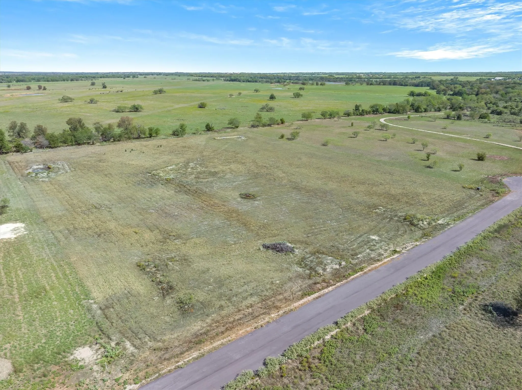 Expansive open land with a paved access road and scattered mature trees