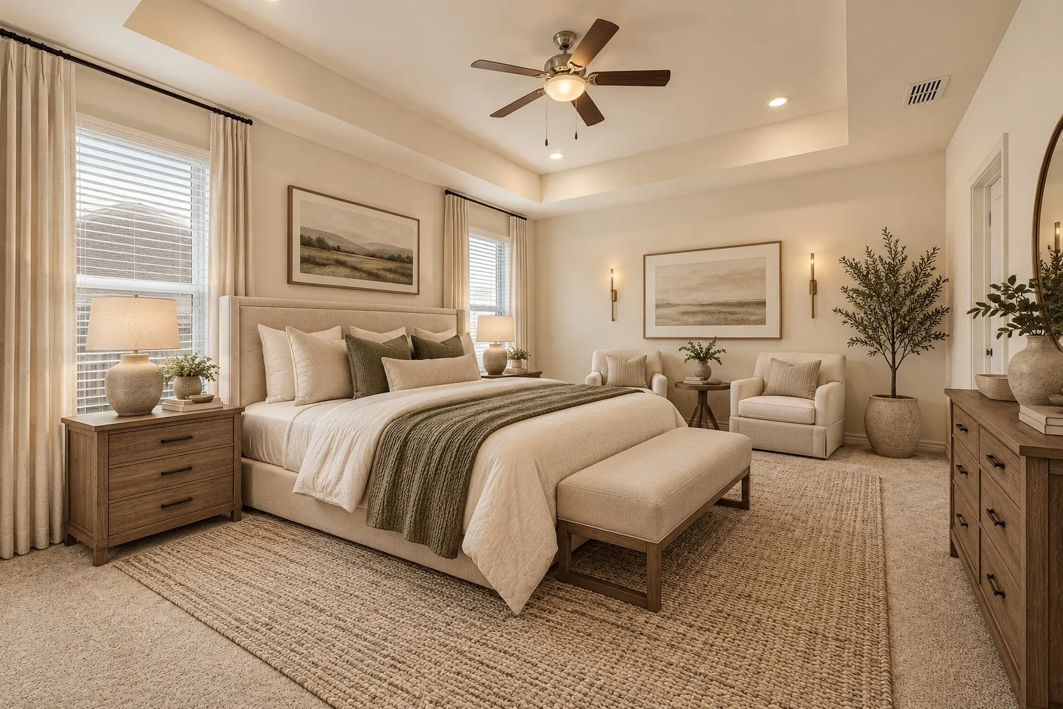 Virtually staged. Tray ceiling, recessed lighting, ceiling fan with light fixture, wall-mounted light sconces, and neutral carpeting
