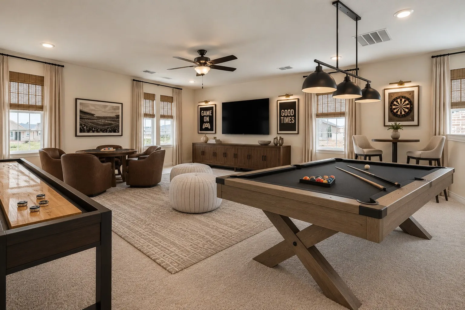 Virtually staged. Spacious recreation area featuring neutral wall-to-wall carpeting, recessed ceiling lighting, a multi-light metal pendant fixture, and a centralized ceiling fan