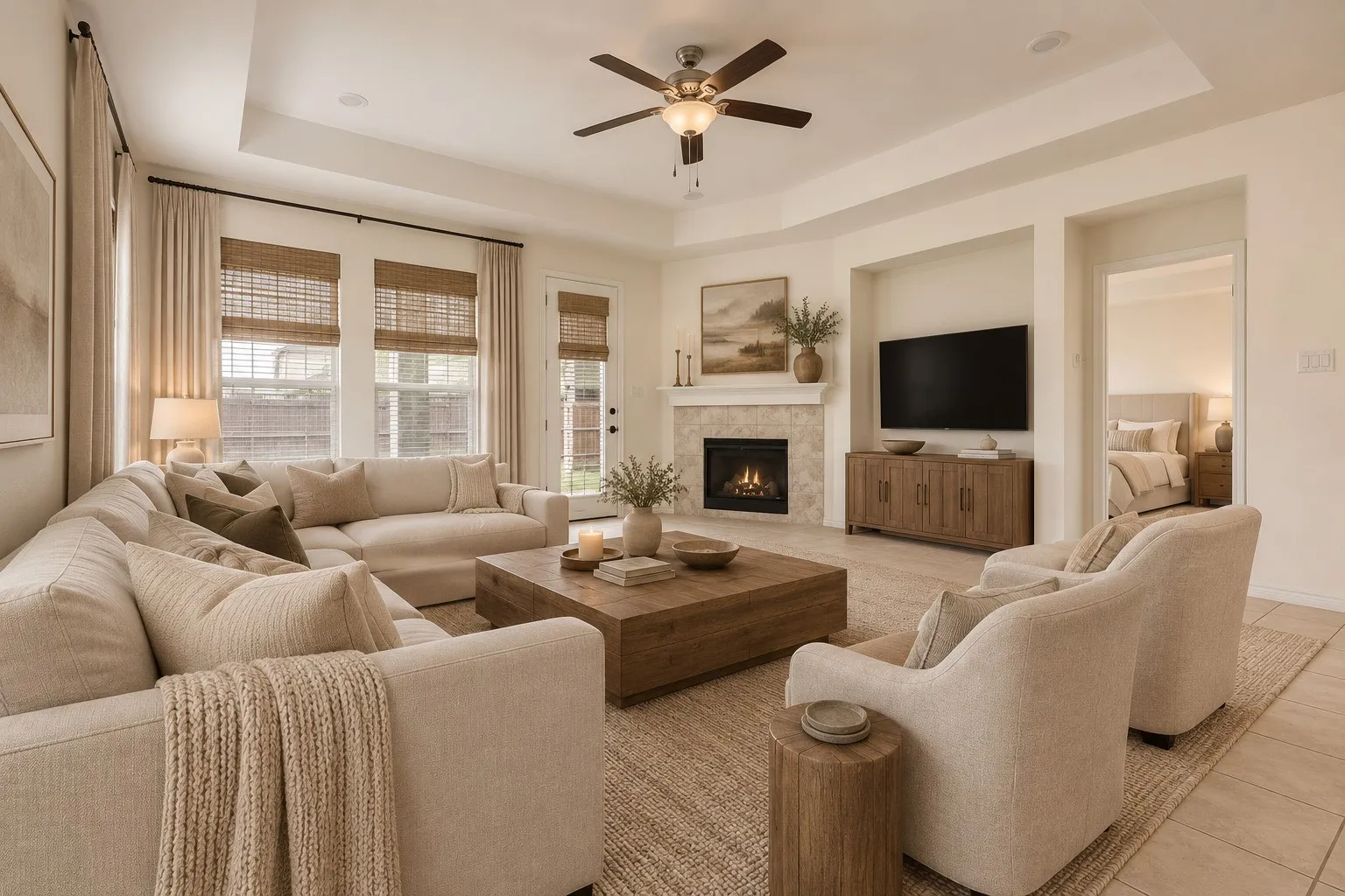 Virtually staged. Tray ceiling featuring a central lighted ceiling fan, stone-surround fireplace with a wooden mantel, built-in media alcove, and large windows with woven wood shades
