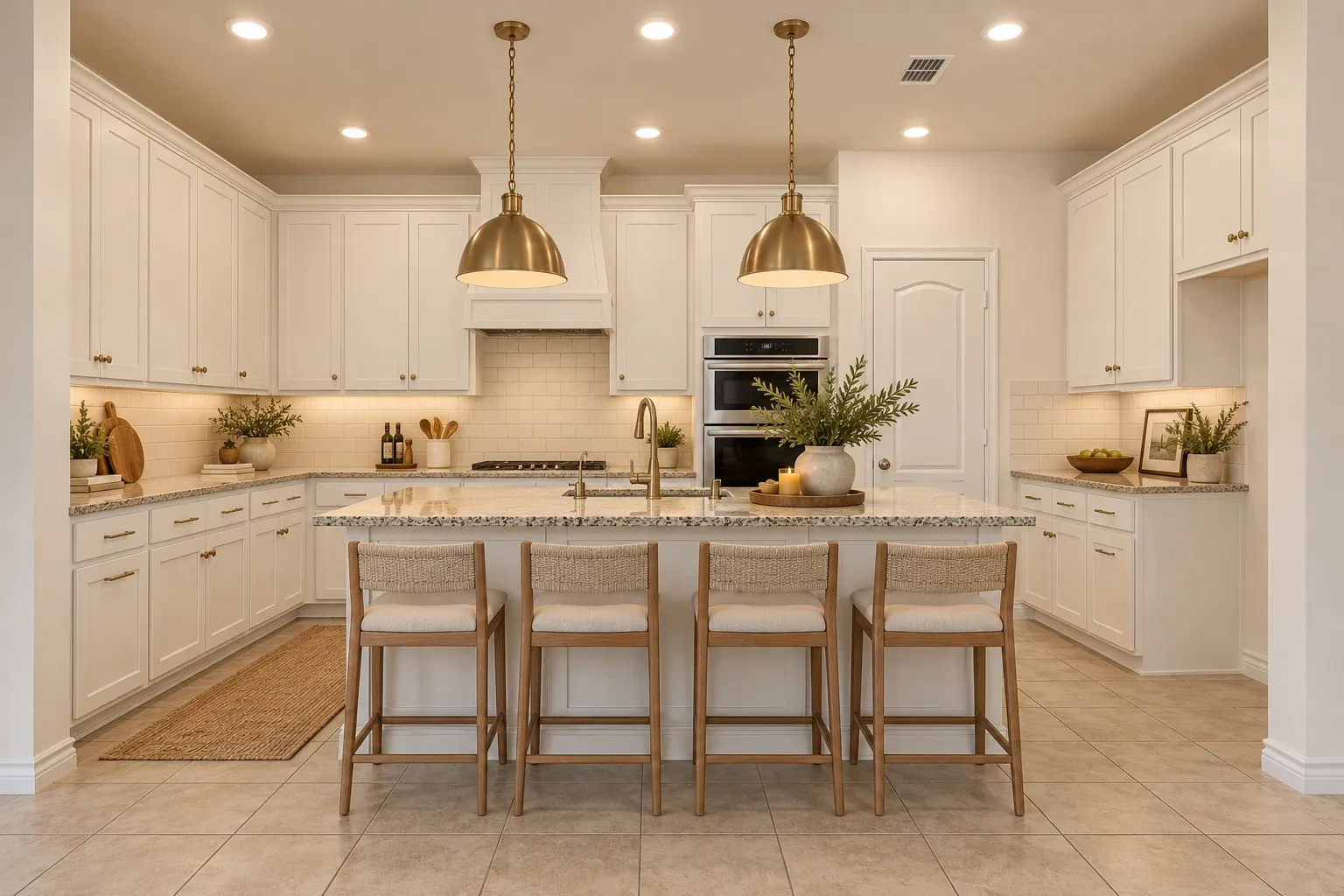 Virtually staged & improved. Kitchen featuring white cabinetry, a center island with light-toned countertops, tile backsplash, dual wall-mounted ovens, and brass-finish pendant lighting
