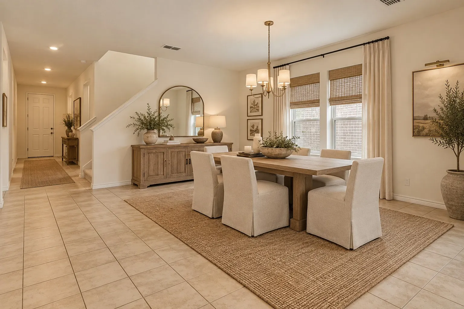 Virtually staged. Dining area featuring ceramic tile flooring, a multi-arm chandelier, and double windows with neutral window treatments