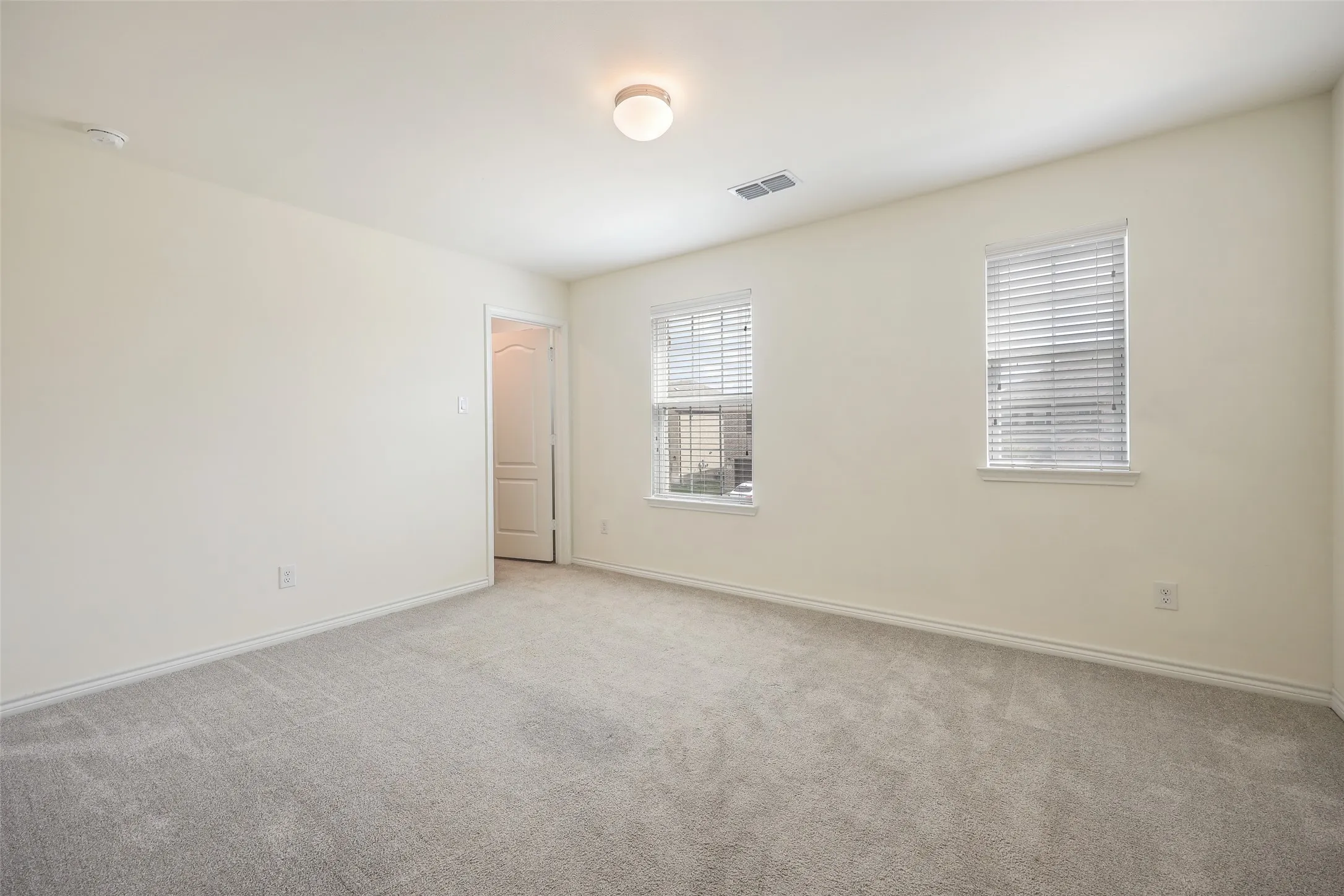 Neutral-toned interior space featuring plush carpeting, two windows with horizontal blinds, a ceiling-mounted flush-mount light fixture, and a single-panel interior door