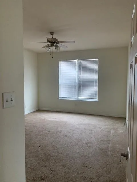 Neutral-toned interior room featuring wall-to-wall carpeting, a multi-light ceiling fan, and horizontal window blinds